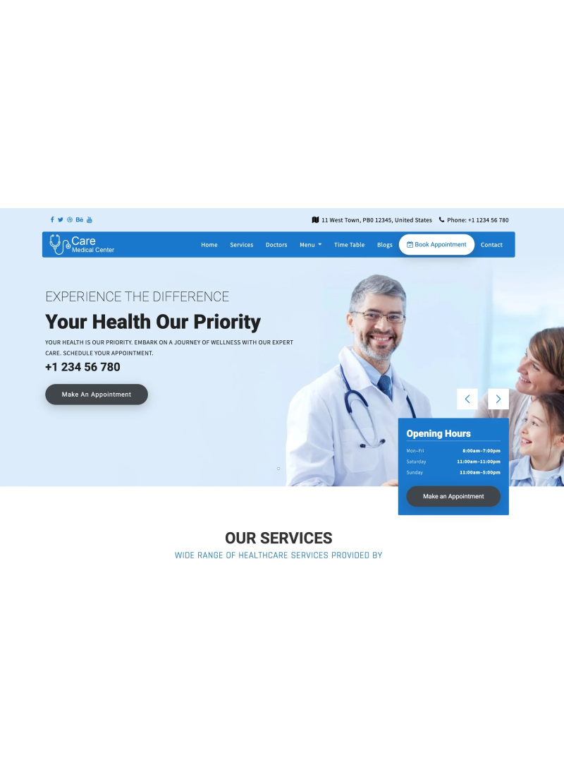 Care Responsive Health and Clinic Website Template for hospitals, doctors, medical centers, and healthcare providers
