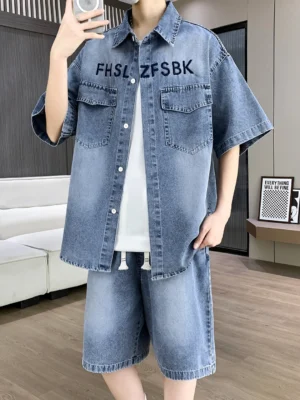 Summer 2026 Washed Denim Short Sleeve Set Loose Fit American Street Casual Shorts Two Piece Set for Teen Boys Fashionable
