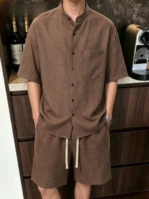 High-End Linen Men's Summer Shirt Shorts Casual Breathable Thin Sleeve Short Length Two-Piece Set Fashionable Mid-Age Clothing