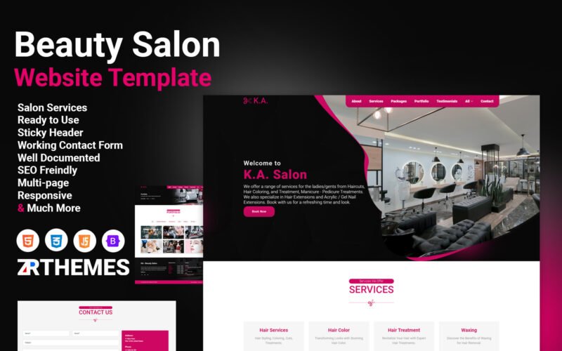 Beauty salon services responsive website template for hair salons, spas, makeup artists and beauty businesses
